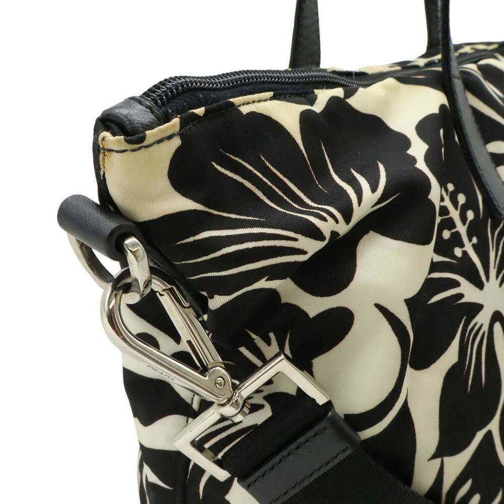 PRADA Prada Tote Bag Shoulder Hibiscus Flower Print Nylon Leather NERO Black ... - Picture 5 of 9